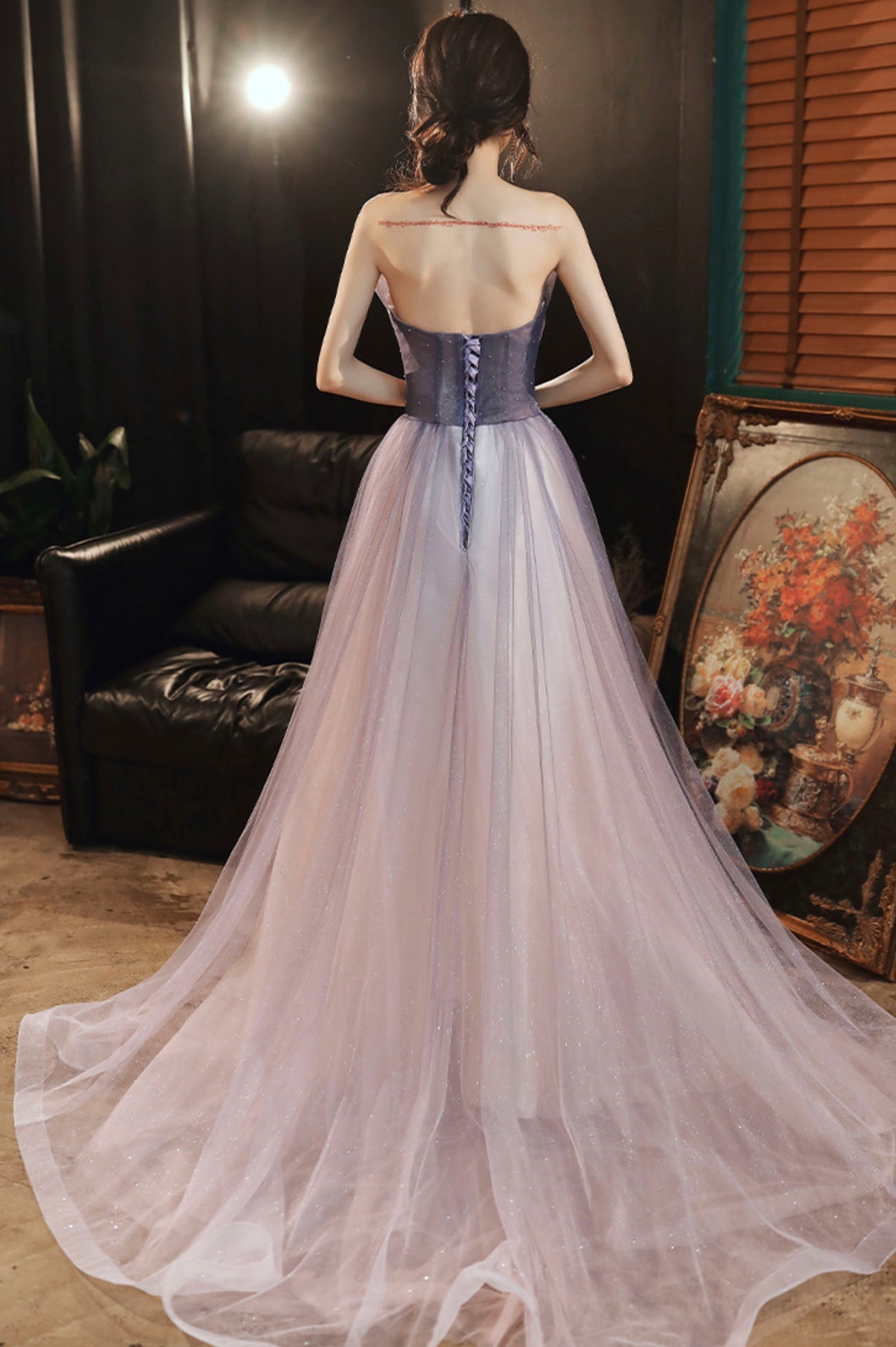 Purple tulle sequins long prom dress evening dress  10624