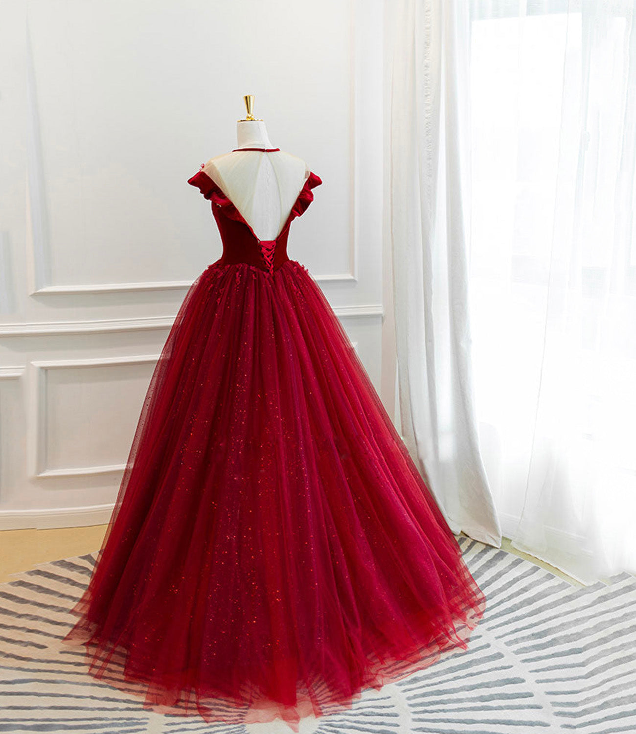 Burgundy velvet tulle long prom dress A line evening gown  10580