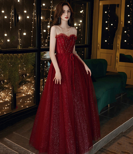 Burgundy tulle sequins long prom dress A line evening dress  10555