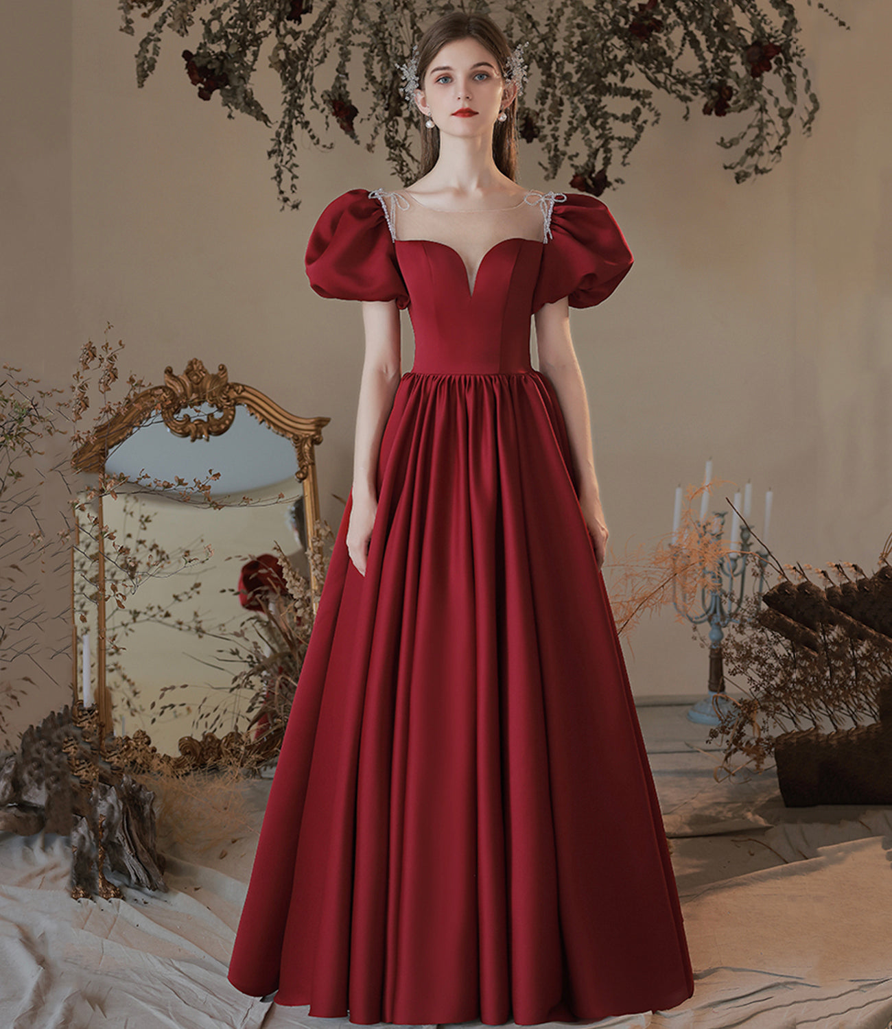 Burgundy satin long prom dress evening dress  10473
