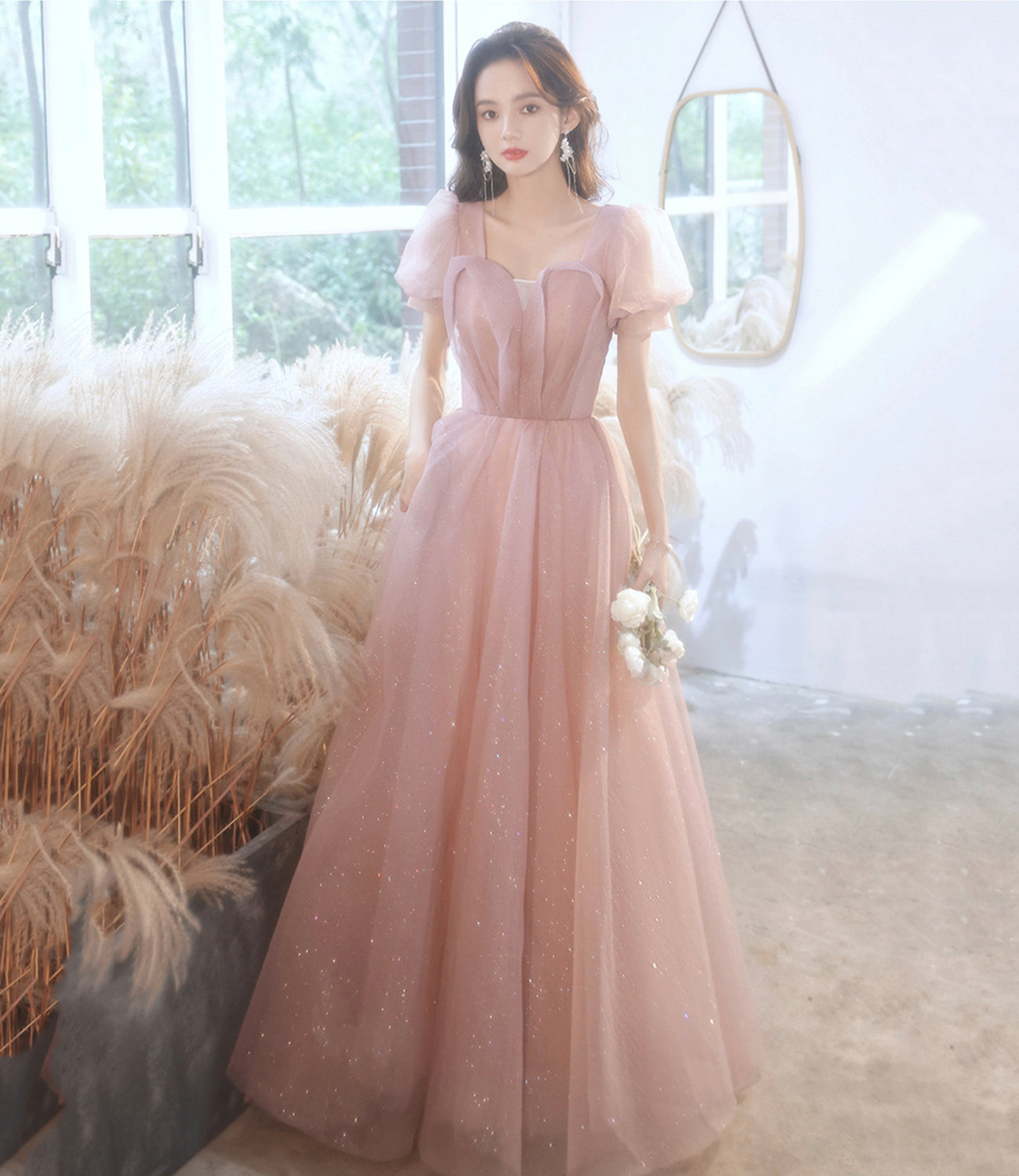 Cute tulle long prom dress pink A line evening dress  10524