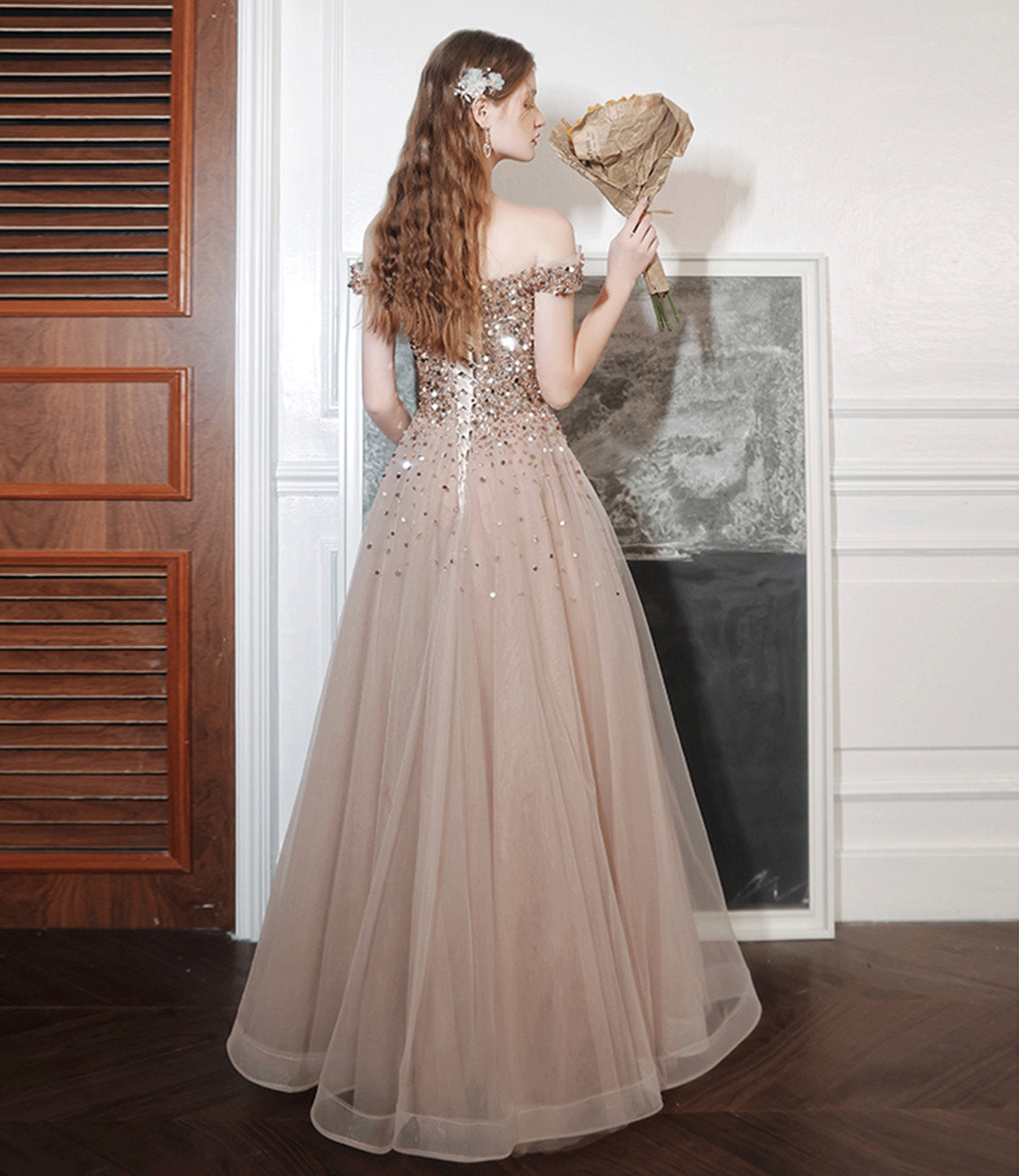 Shiny tulle sequins long prom dress A line evening dress  10576