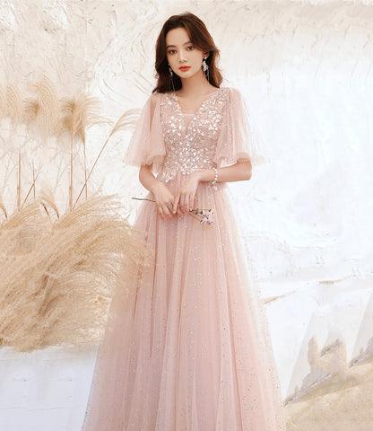 Pink tulle lace long prom dress pink evening dress  10525