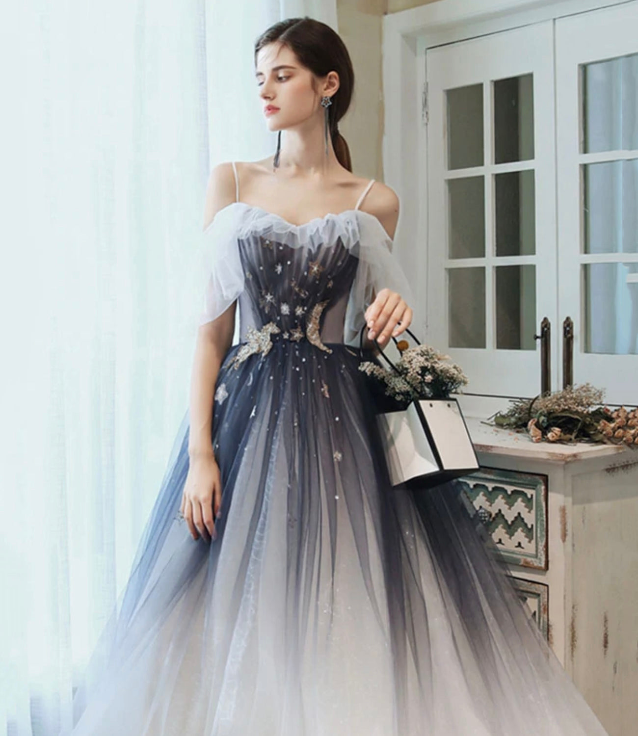 Blue tulle sequins long prom dress A line evening dress  10401
