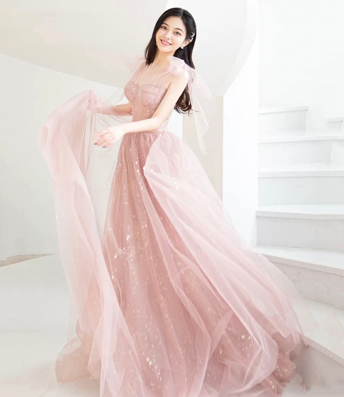 Pink tulle long prom dress A line evening dress  10421