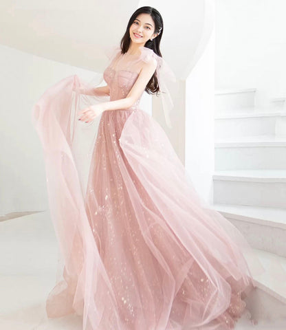 Pink tulle long prom dress A line evening dress  10421