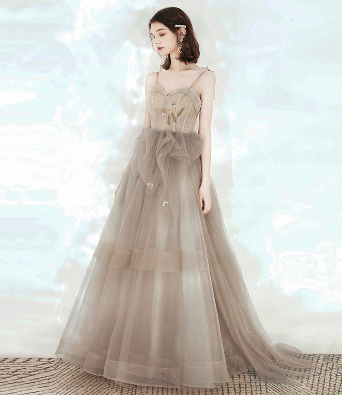 Cute tulle sequins long prom dress A line evening dress  10546