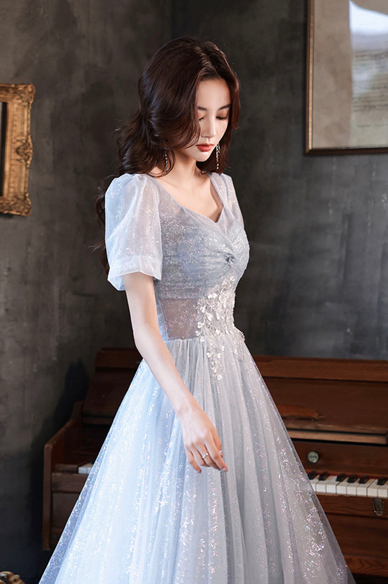 Cute tulle beads long prom dress blue evening dress  10596
