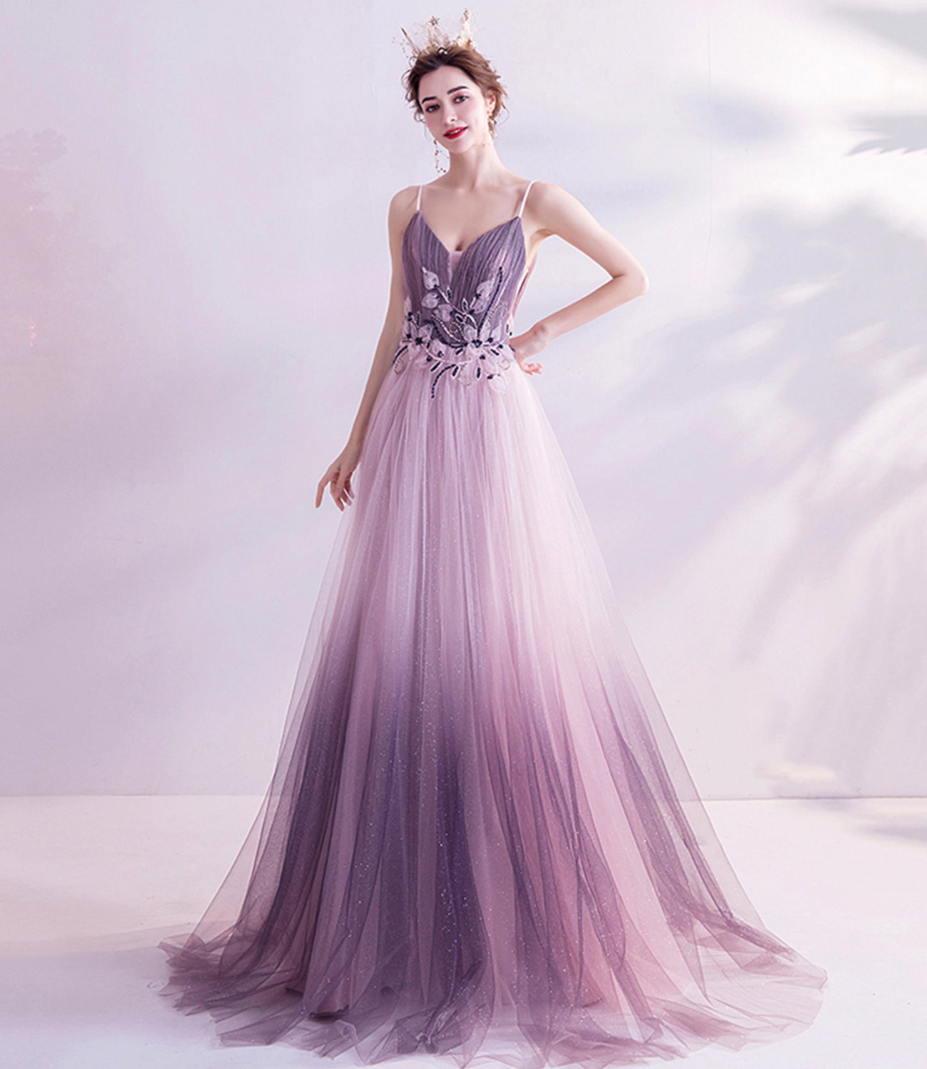 Purple tulle sequins long prom dress purple evening dress  10479