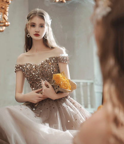Shiny tulle sequins long prom dress A line evening dress  10576