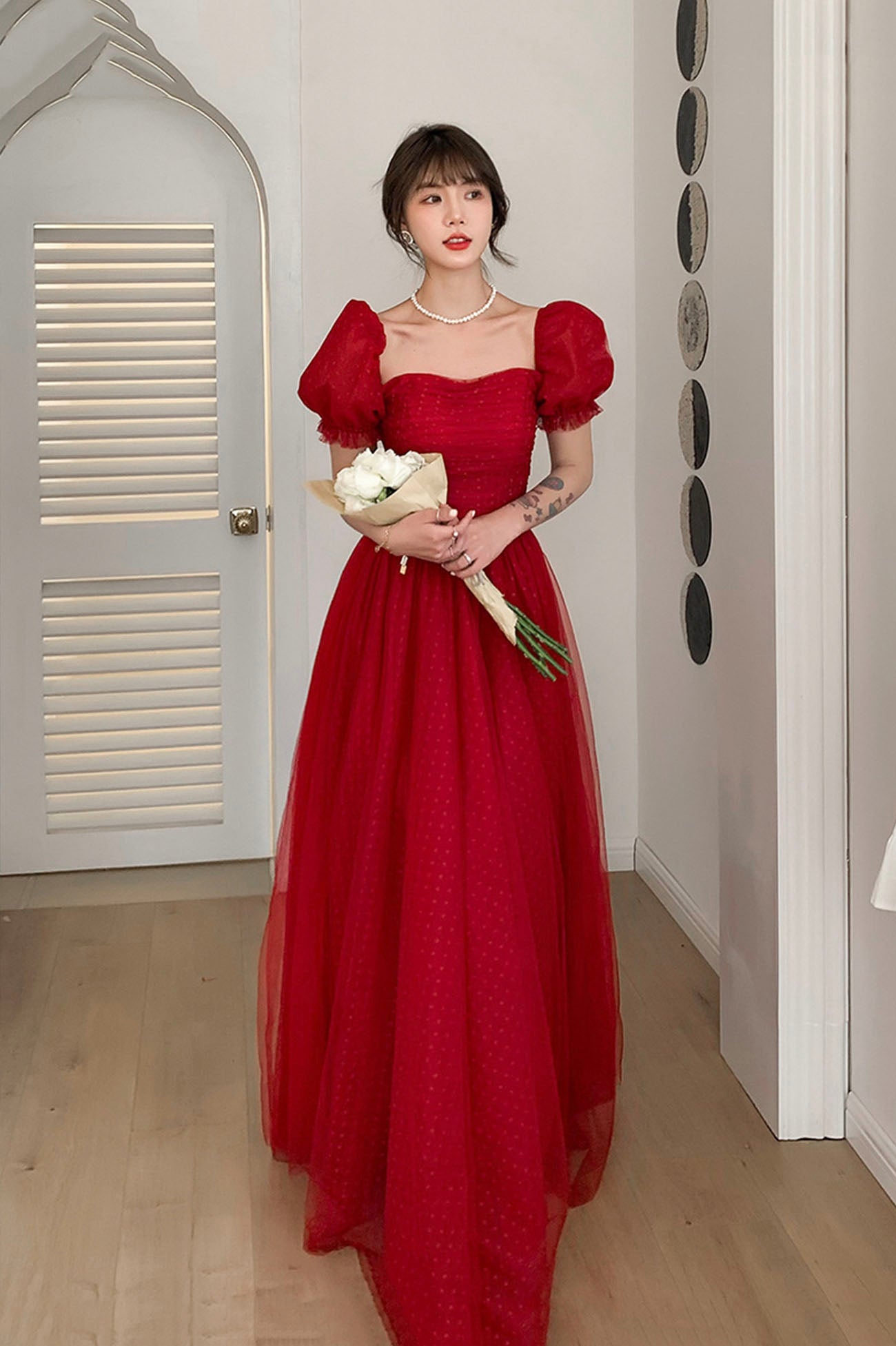 Red tulle long prom dress A line evening dress  10602
