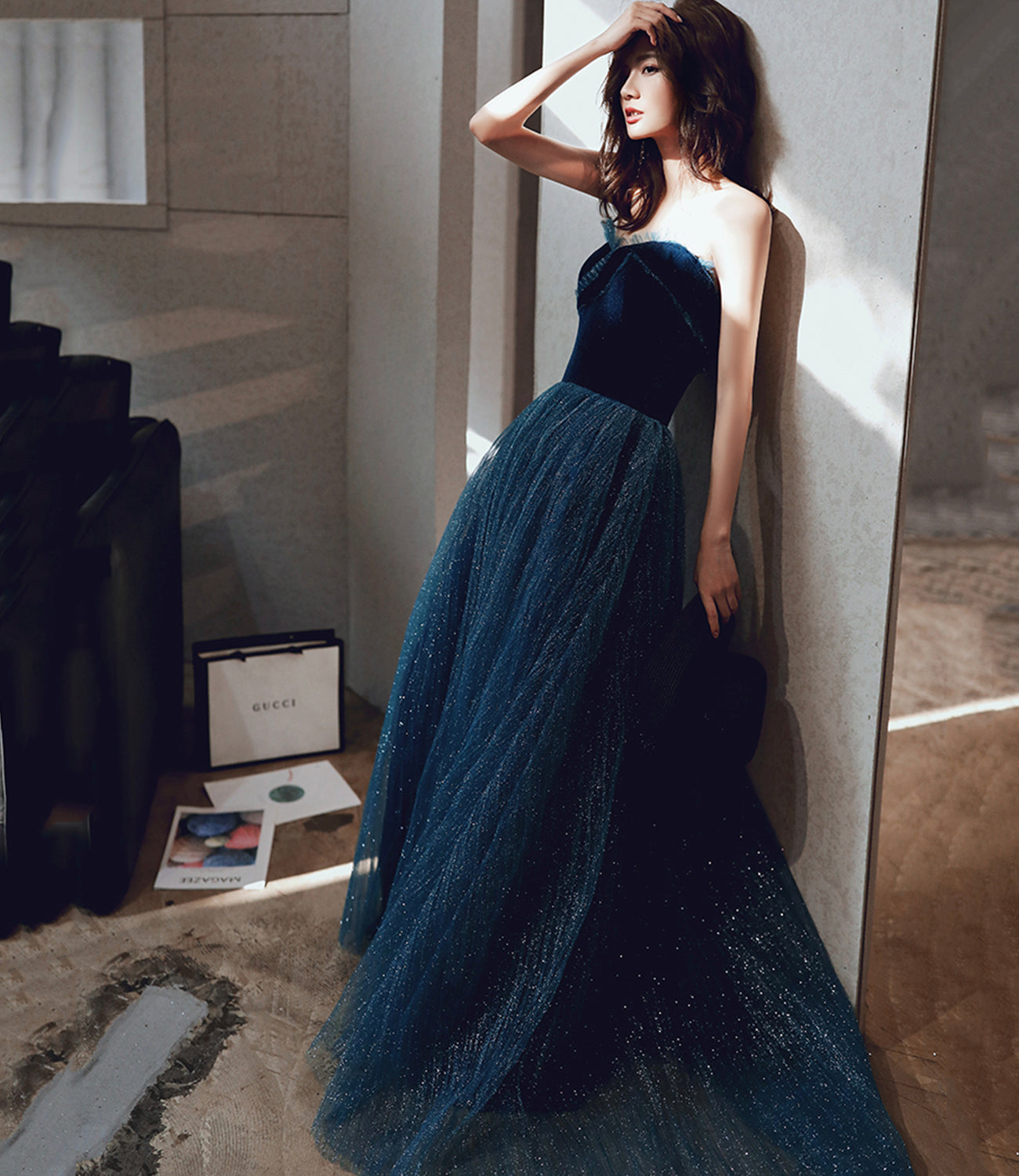 Blue velvet tulle long prom dress A line evening dress  10499