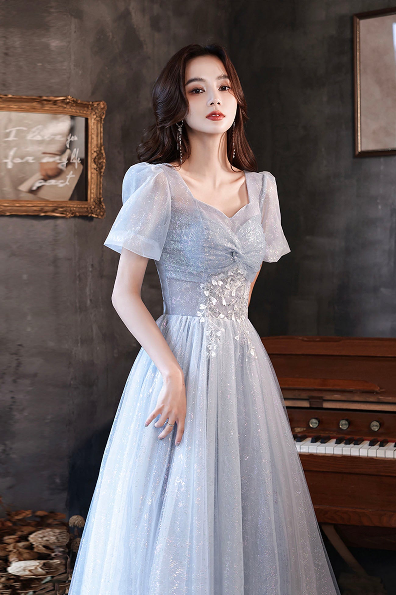 Cute tulle beads long prom dress blue evening dress  10596