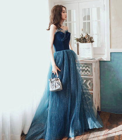 Blue velvet tulle long prom dress A line evening dress  10499