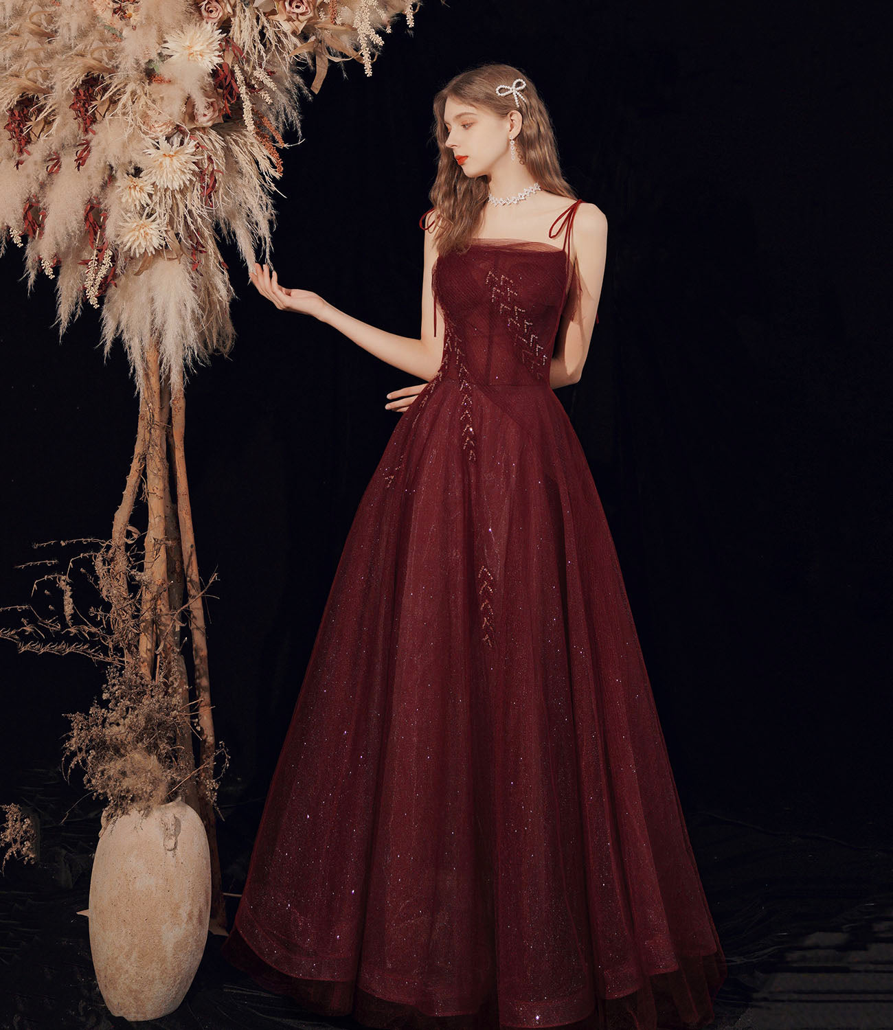 Burgundy tulle beads long prom dress evening dress  10418
