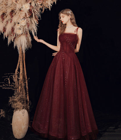 Burgundy tulle beads long prom dress evening dress  10418