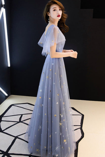 Blue v neck tulle long prom dress blue evening dress  10640