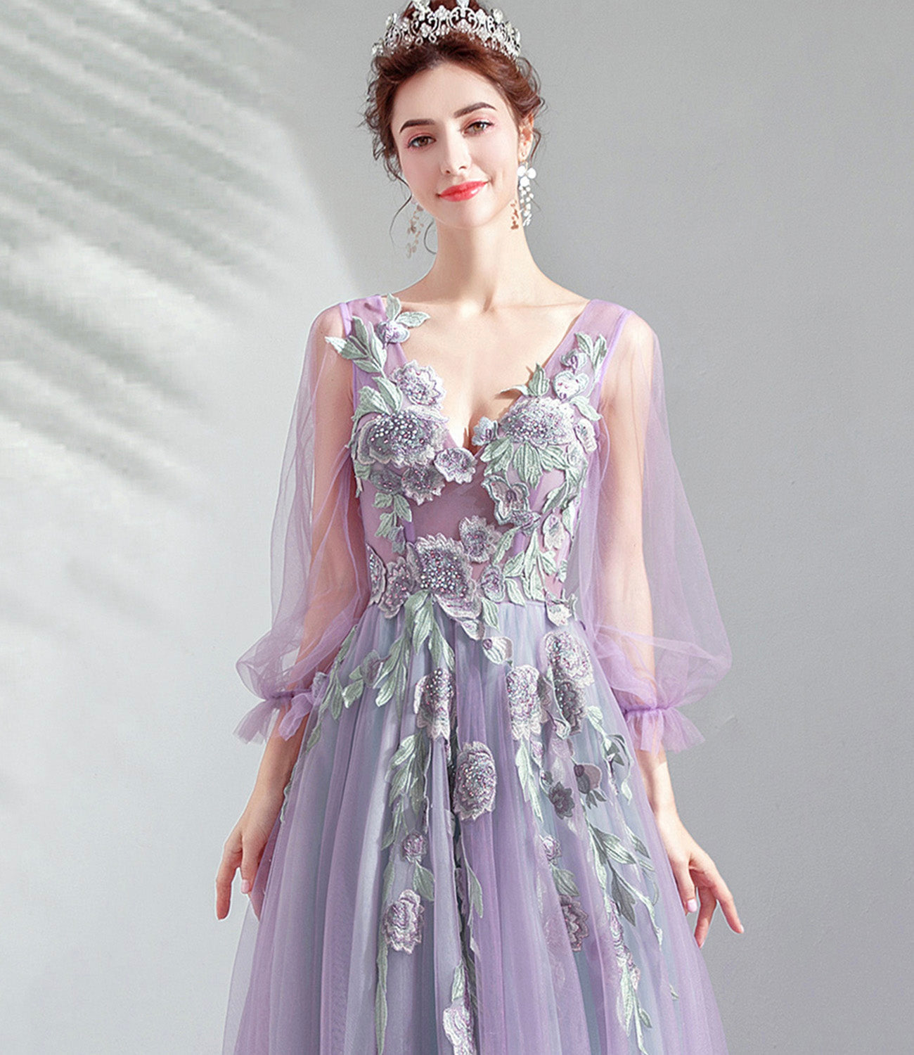 Purple tulle lace long prom dress A line evening dress  10552