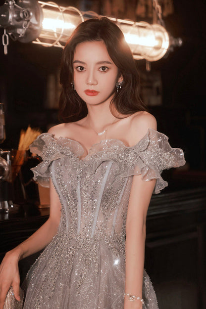 Gray tulle sequins long prom dress A line evening dress  10627