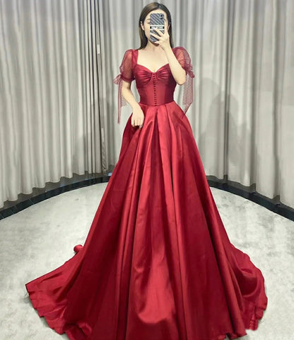 Red satin long prom dress A line evening gown  10354