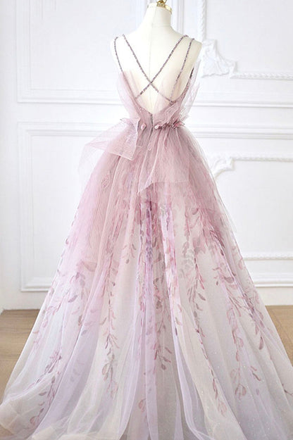 Pink tulle beads long prom dress A line evening dress  10643