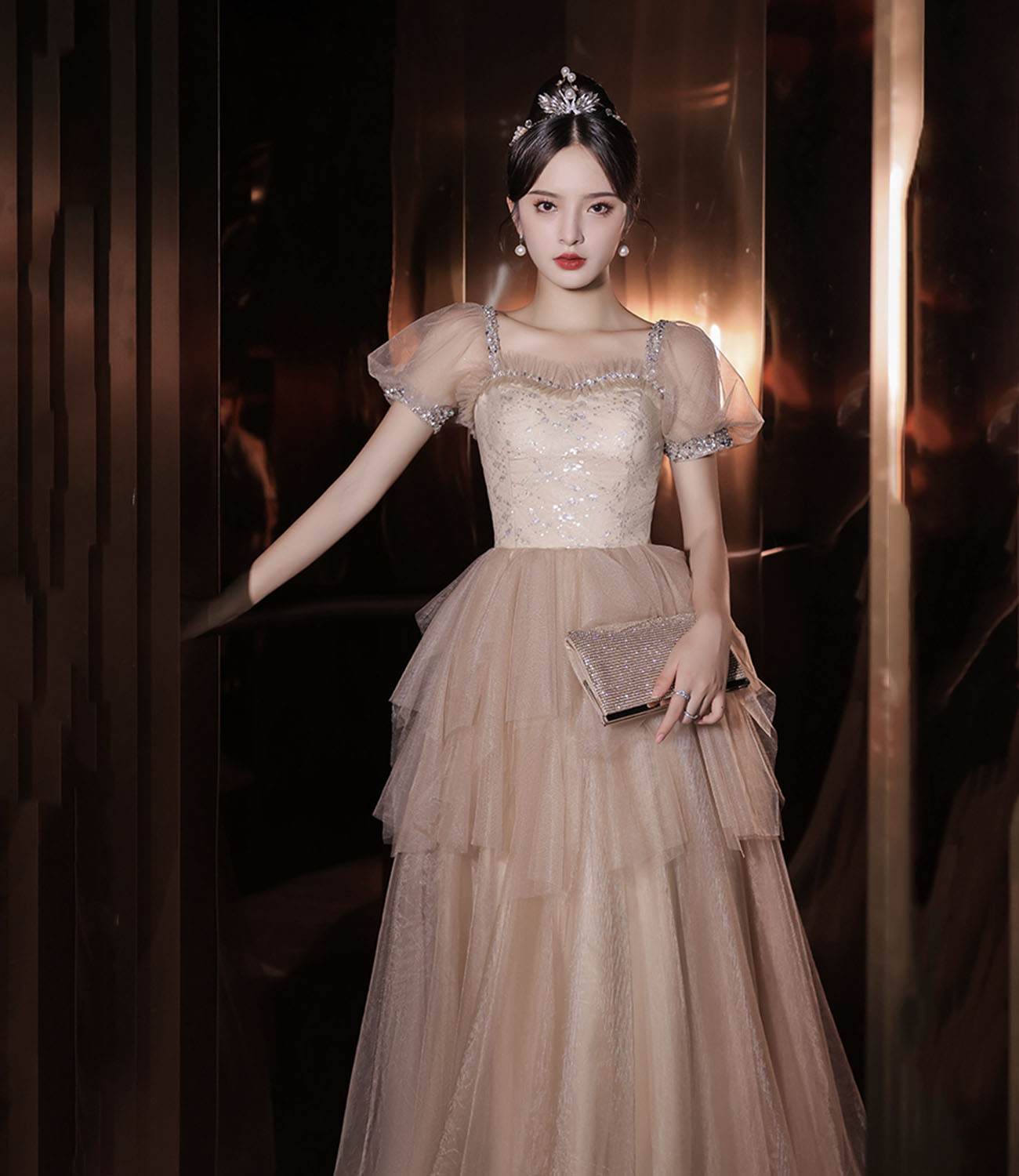 Cute tulle sequins long prom dress A line evening dress  10413