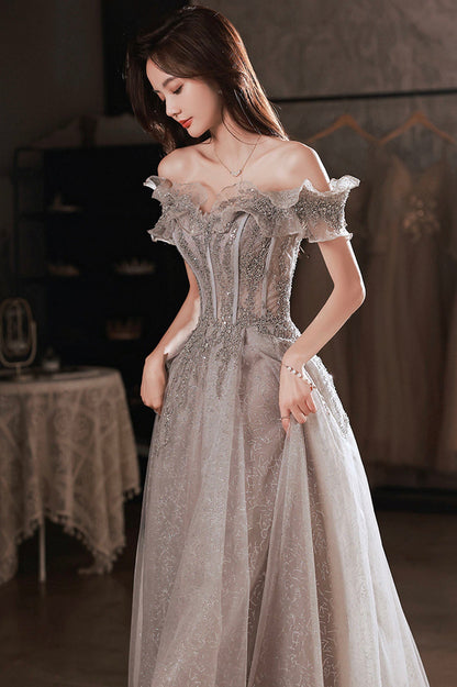 Gray tulle sequins long prom dress A line evening dress  10627