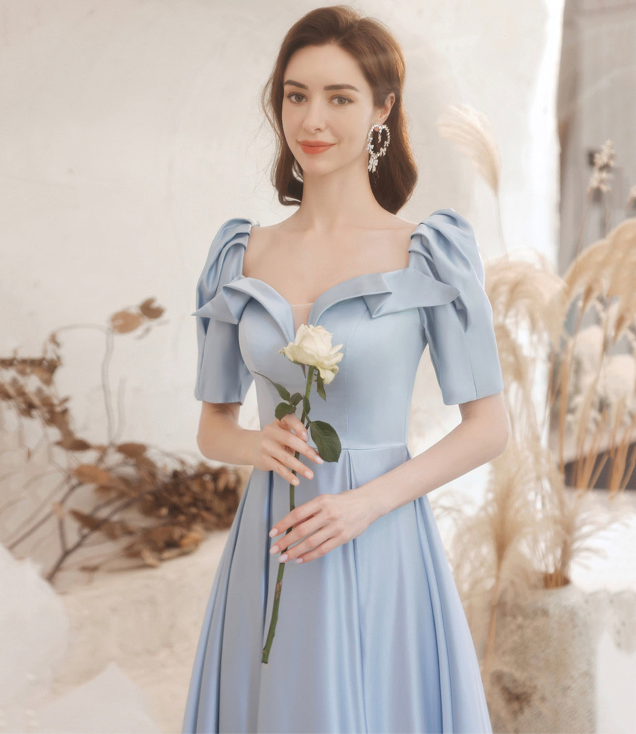 Cute satin long prom dress blue evening dress  10531