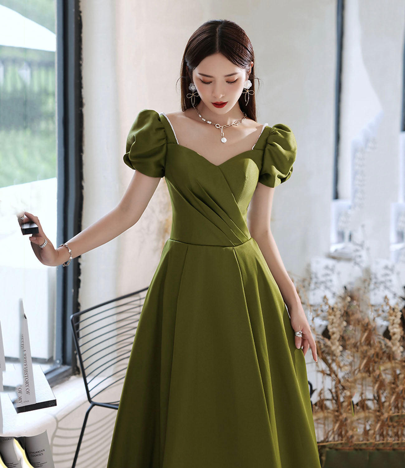 Green satin long prom dress A line evening dress  10431
