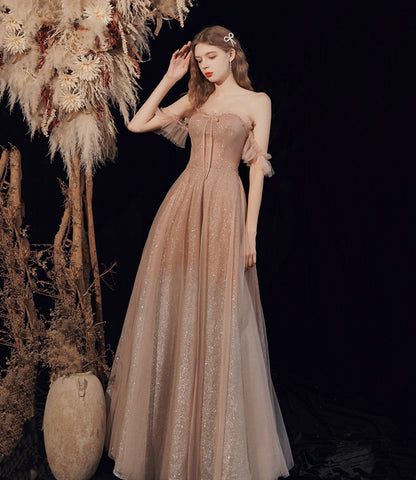 Shiny tulle sequins long prom dress A line evening dress  10378
