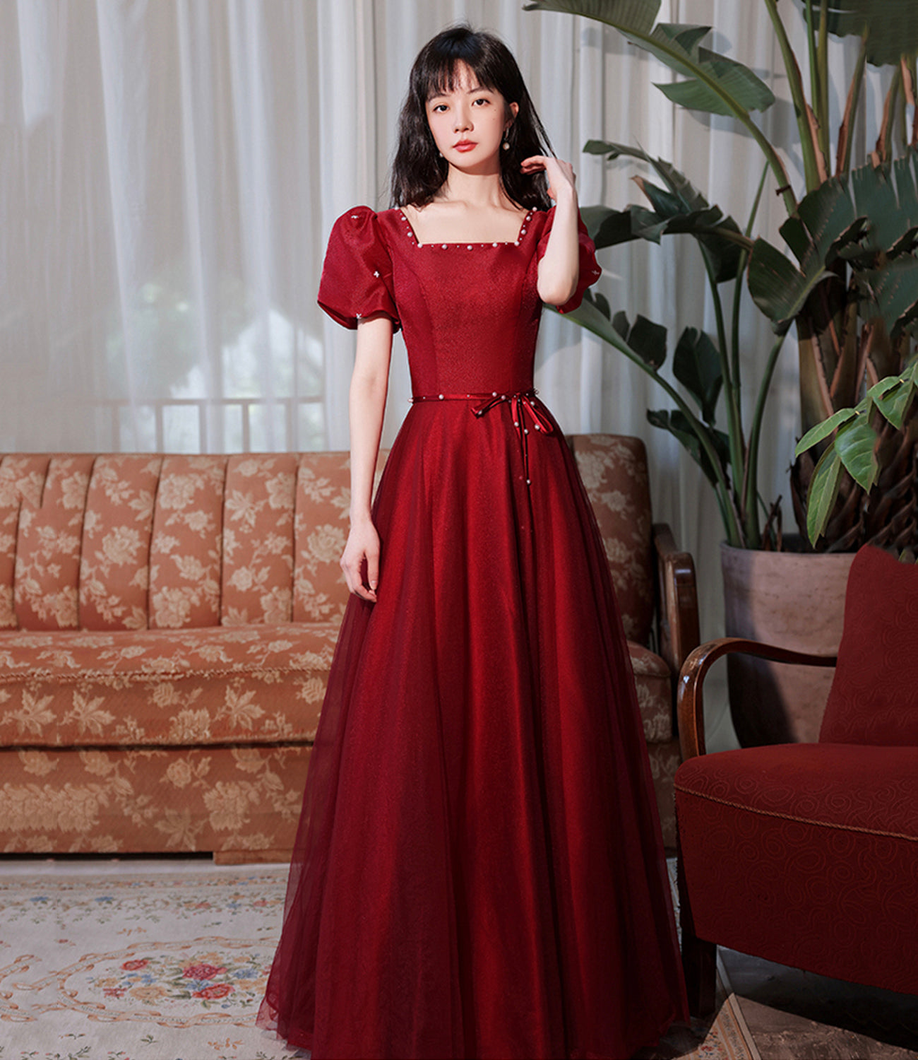 Burgundy satin tulle long prom dress A line evenig dress  10383