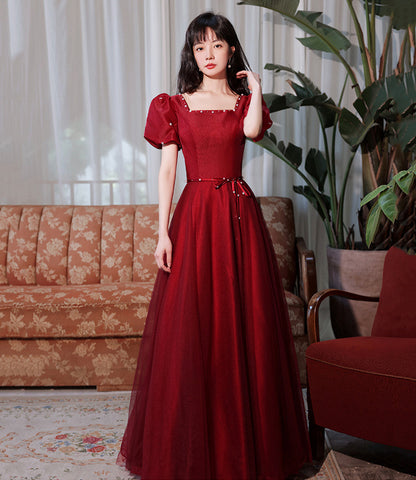 Burgundy satin tulle long prom dress A line evenig dress  10383