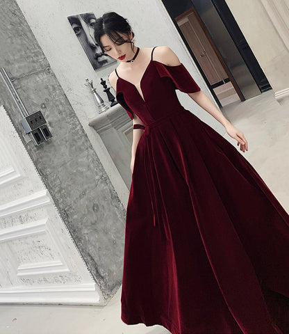 Burgundy velvet long prom dress A line evening gown  10370