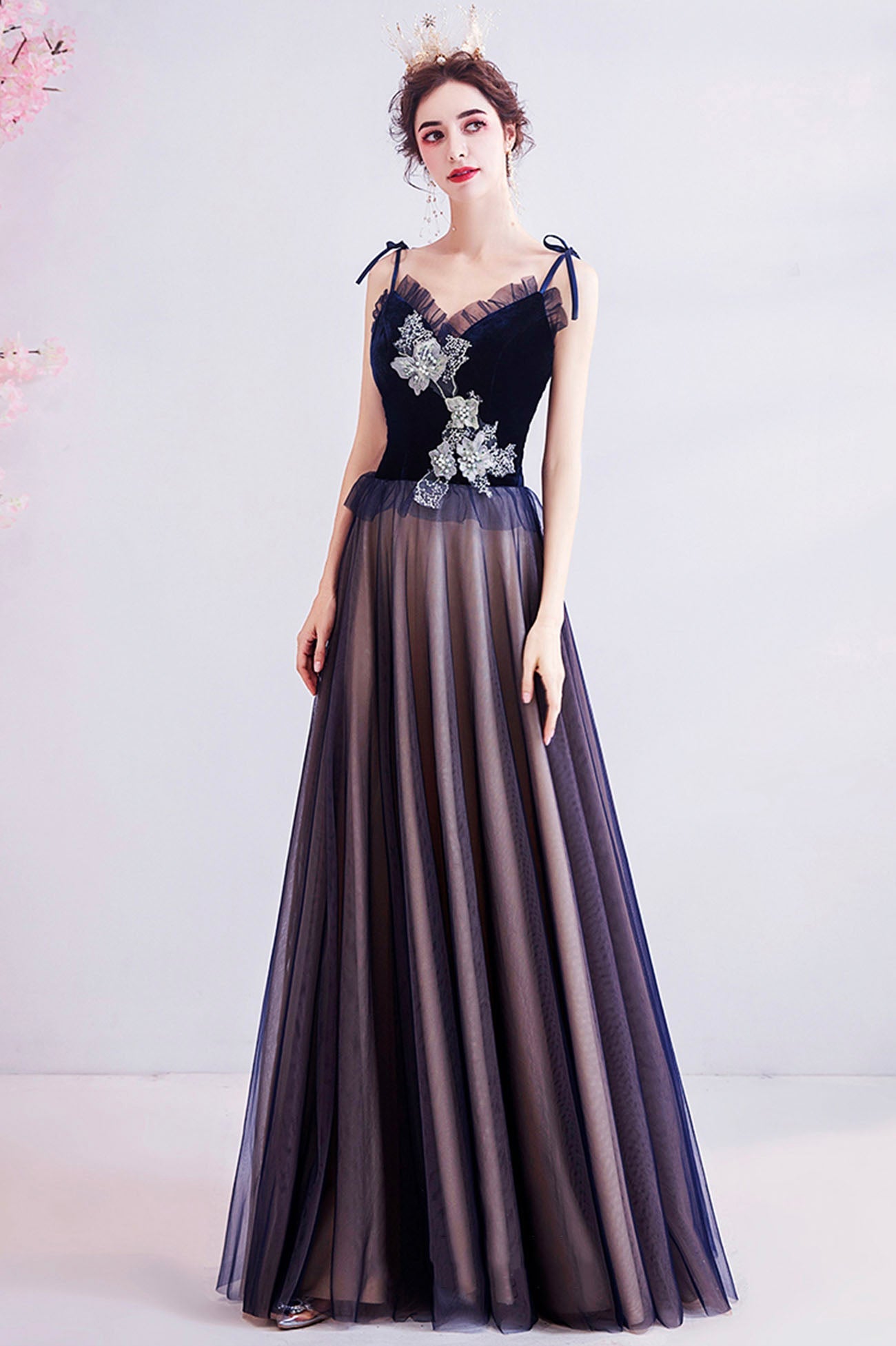 Blue tulle lace long prom dress blue evening dress  10617