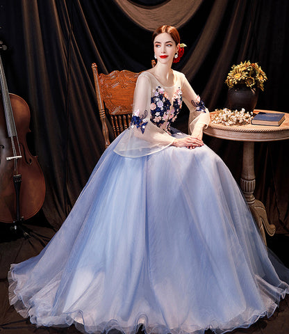 Blue tulle applique long prom dress blue evening dress  10534