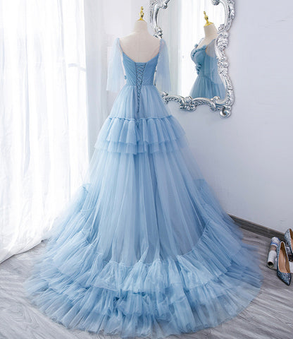 Blue tulle long A line prom dress blue evening dress  10551