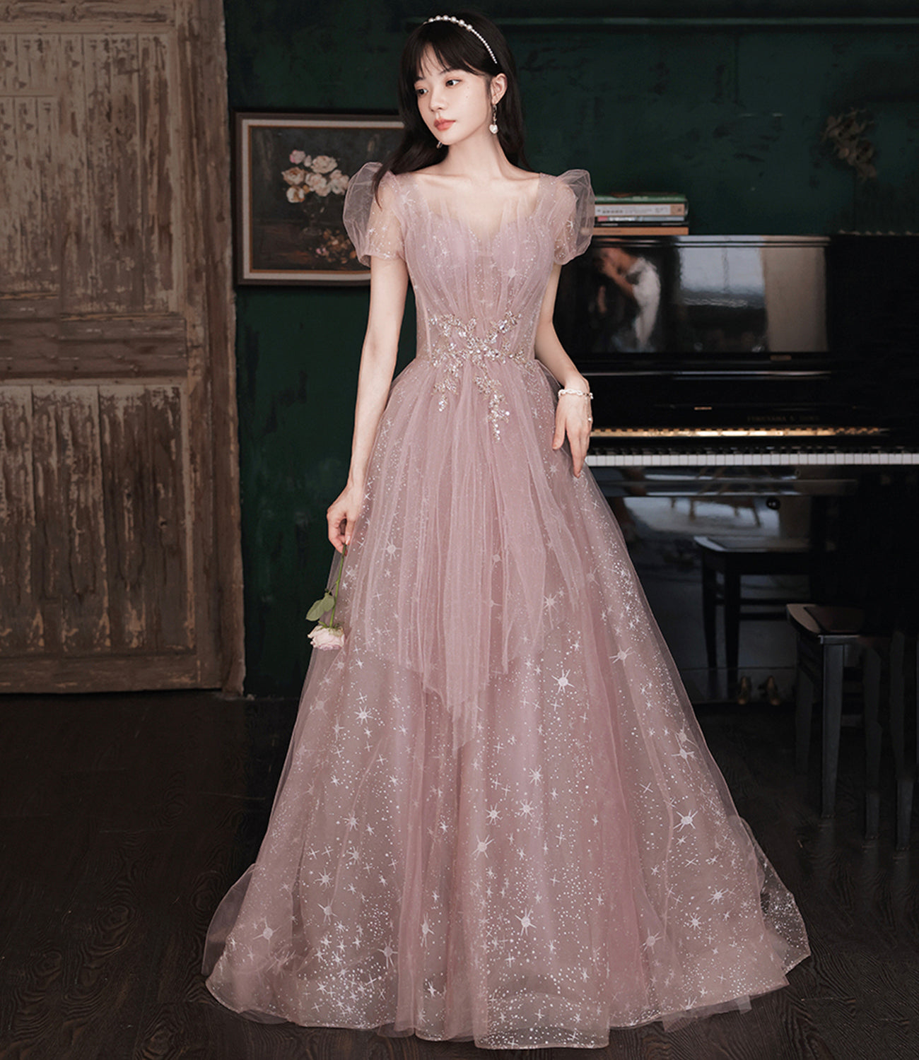 Pink tulle long prom dress A line evening gown  10490