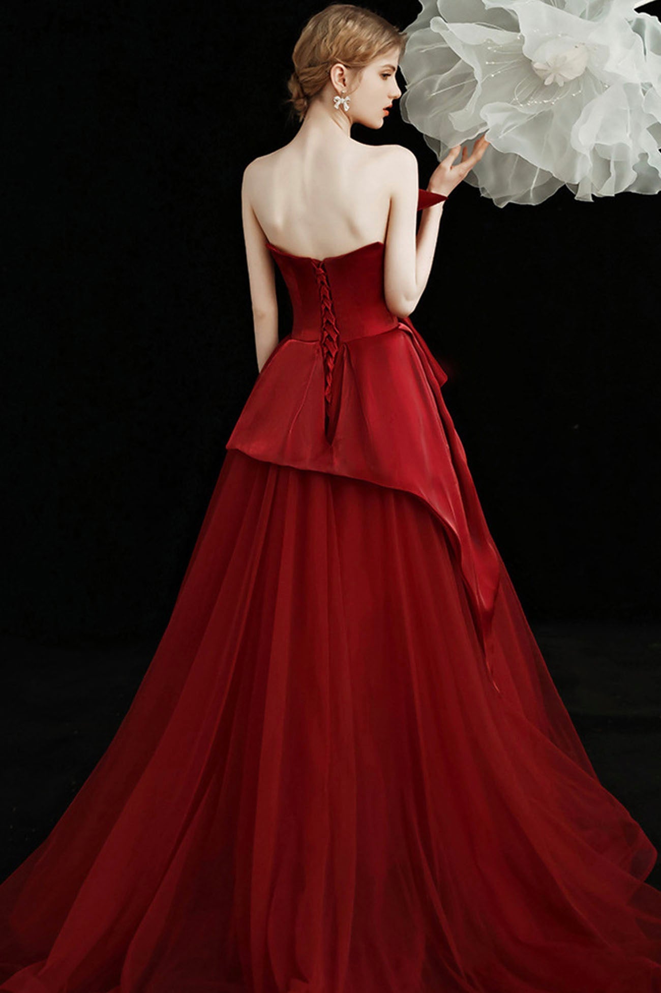 Burgundy tulle long prom dress A line evening dress  10603