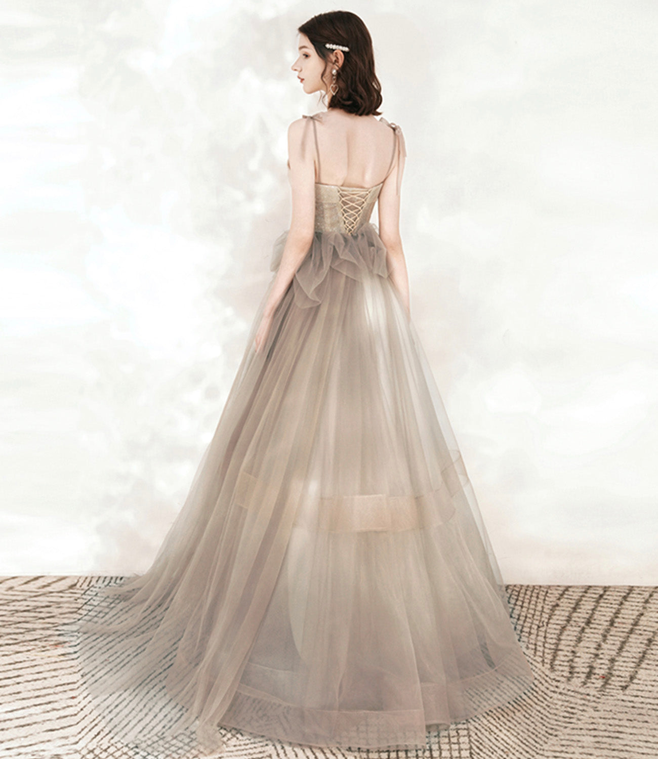 Cute tulle sequins long prom dress A line evening dress  10546