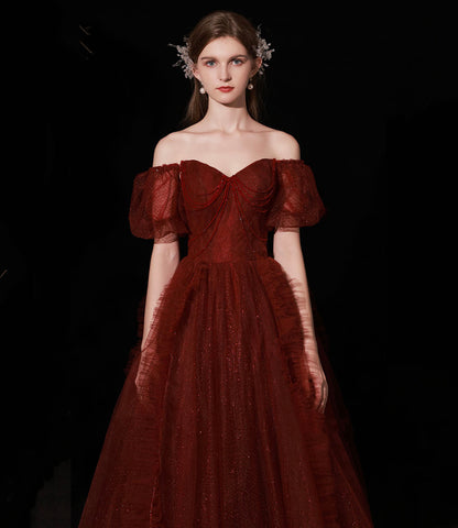 Burgundy tulle long prom dress A line evening gown  10439