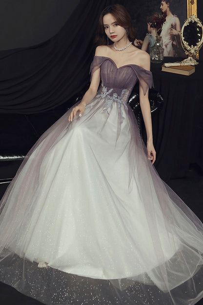 Purple tulle sequins long prom dress A line evening dress  10644