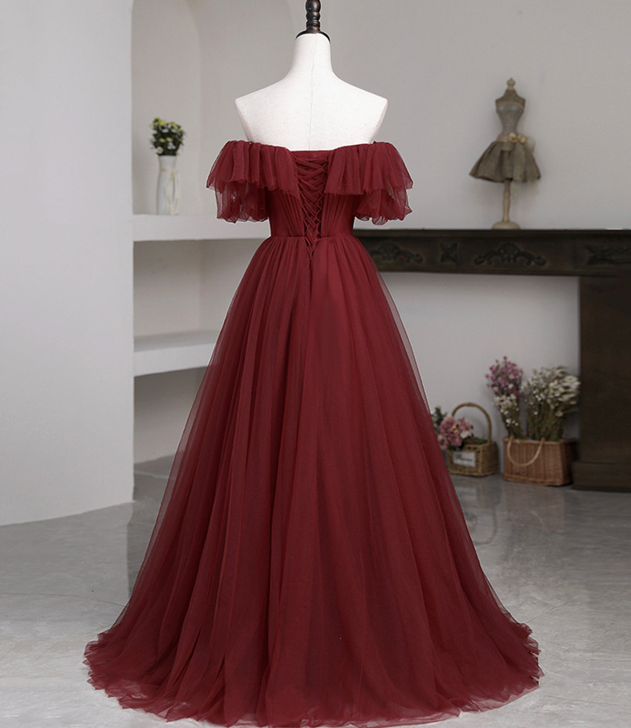 Burgundy tulle long prom dress A line evening dress  10503