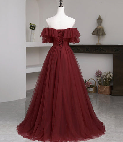Burgundy tulle long prom dress A line evening dress  10503