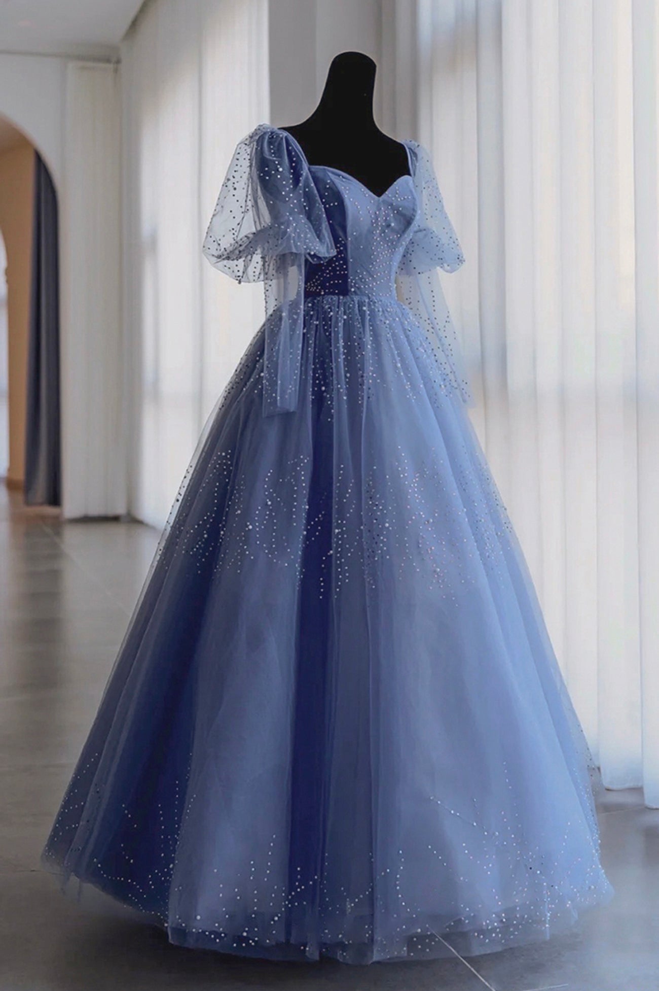 Blue tulle beads long prom dress blue evening dress  10522