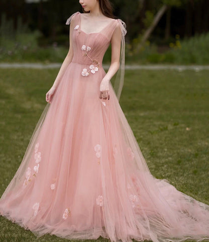 Pink 3D Flowers Long Prom Dress A line Evening Dress  10466