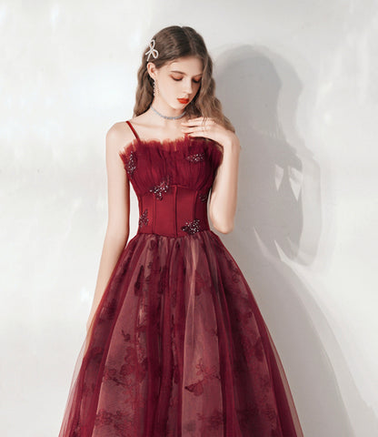 Burgundy tulle long prom dress A line evening gown  10374