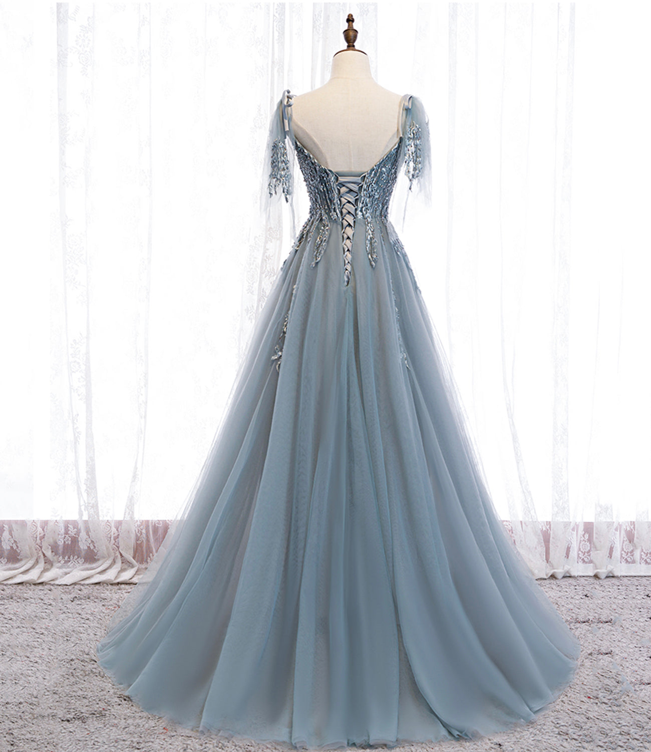 Blue tulle lace long prom dress blue evening dress  10356