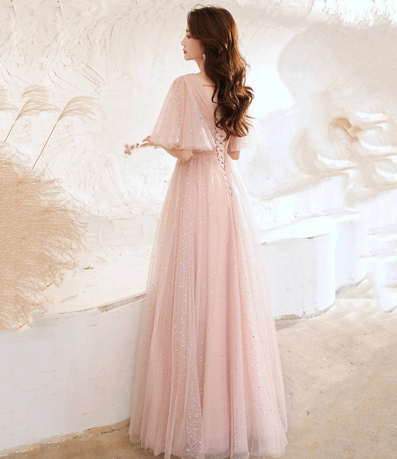 Pink tulle lace long prom dress pink evening dress  10525