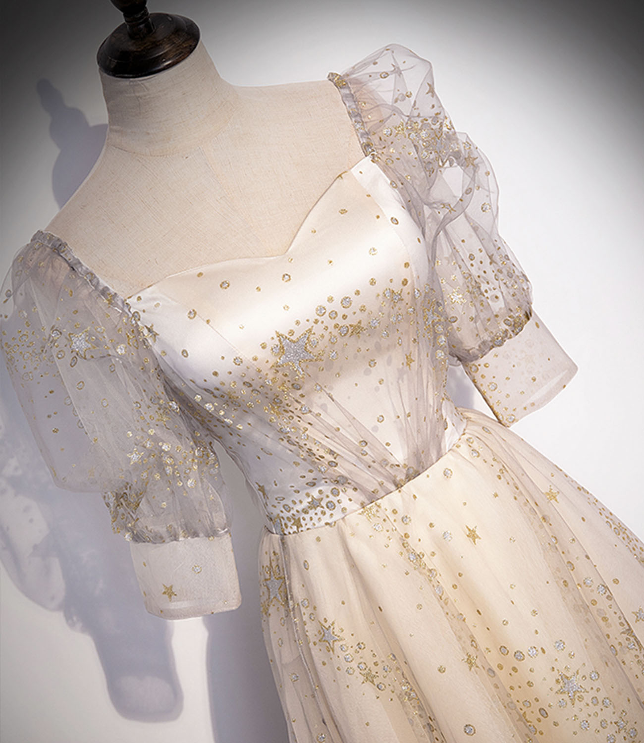 Champagne tulle sequins long prom dress A line evening gown  10327