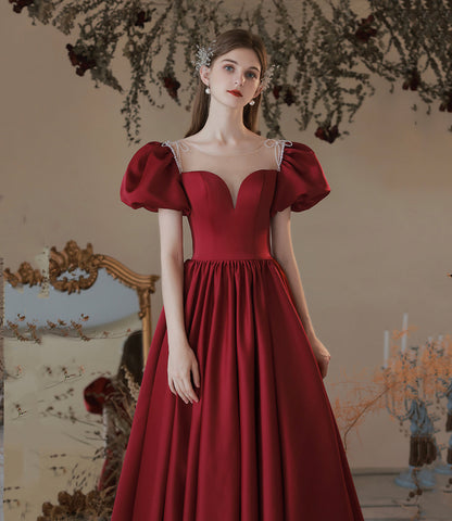 Burgundy satin long prom dress evening dress  10473